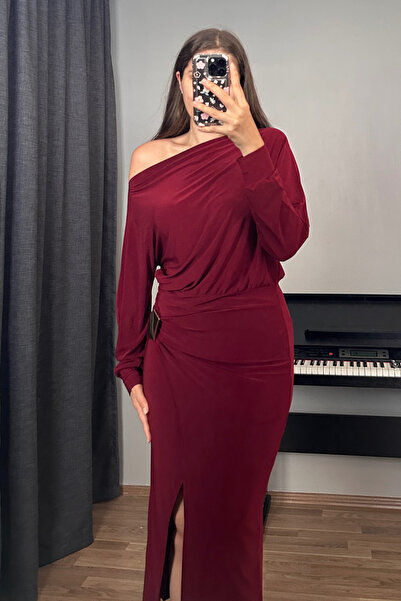 Sorridi Düşük Omuz Gold Detaylı Önü Yırtmaçlı Midi Elbise