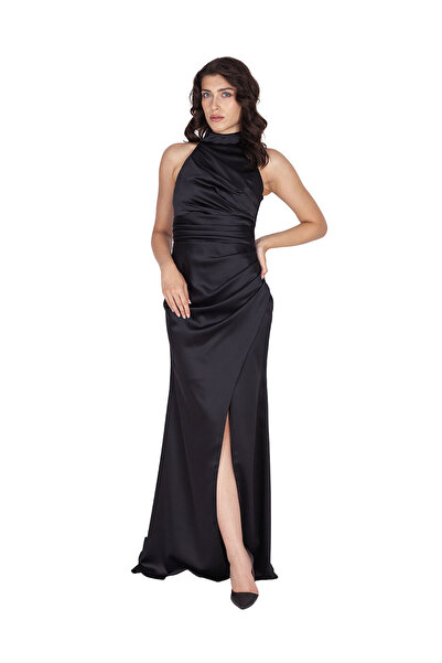 b&ççizgi Boğazlı Dik Yaka Yırtmaçlı Saten Abiye