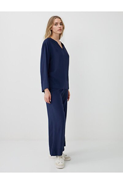 Jimmy Key Lacivert Bol Paça Yüksek Bel Dokuma Pantolon
