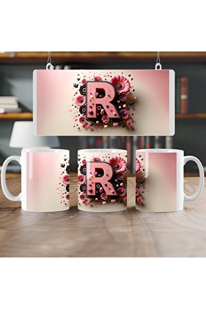 Beramussa كوب بحرف R، كوب مطلي بالكامل بألوان وردية مع قلب، هدية للأصدقاء أو ...