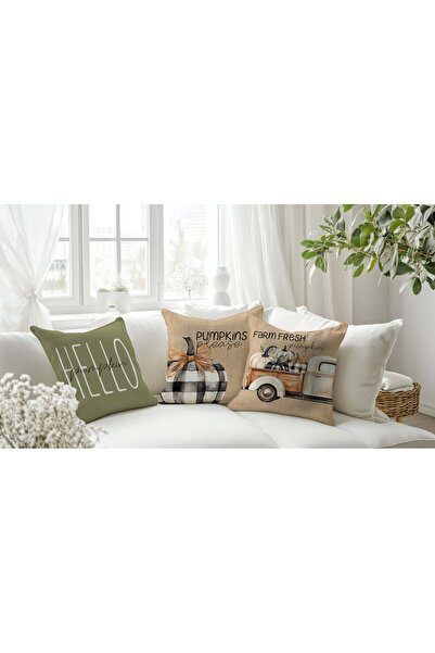 Evmila Sonbar Desenli Baskılı 3'lü Kırlent Kılıf Seti