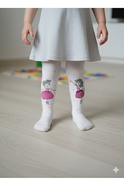 Daymod Baby Girl Children's Pantyhose Ballerina Patterned Glittery White Banana Socks