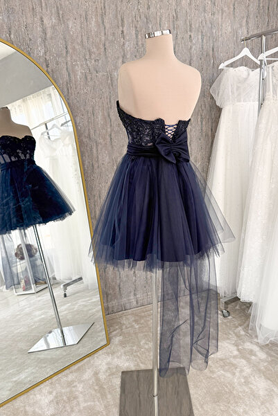 Lenta Moda Lacivert Dantelli ve Kurdele Kemer Detaylı Mini Gece ve Parti Elbisesi