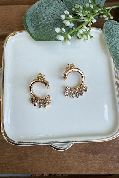 AURA ATELIER Çelik Sallantılı Renkli Badem Taşlı Küpe