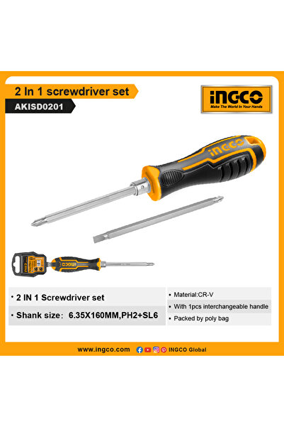 Ingco 2 IN 1 Screwdriver Set AKISD0201 Professional Dual-Function Screwdriver Kit for Automotive, Me