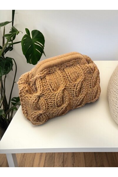By G Tasarım Camel Renk Yün ip Örgü Burslu Çanta/Clutch