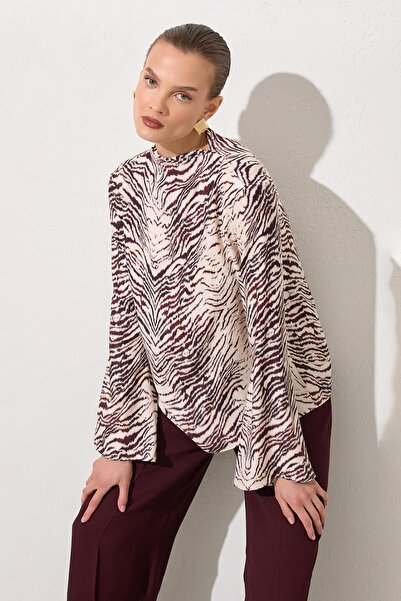 Setre Ecru-Burgundy Patterned Long Sleeve Relaxed Fit Blouse