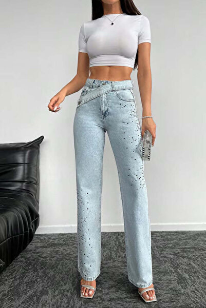 StreetWear Outlet Blugi de damă cu strasuri și închidere oblică