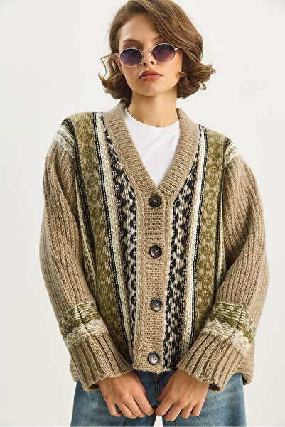 Bianco Lucci Cardigan de tricot gros, cu model etnic, cu decolteu în V, cu nasturi, pentru femei 5057 60283576