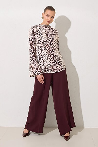 Setre Ecru-Burgundy Patterned Long Sleeve Relaxed Fit Blouse