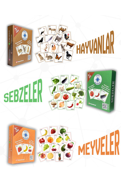 ÜÇLÜ ÜRÜN! Hayvanlar, Sebzeler, Meyveler Kavram & Eşleme Seti (Türkçe & İngilizce) Toplam 90 Kart