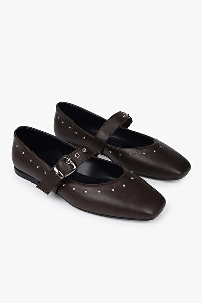 Shoeberry Women's Neria Brown Leather Trock Ballerinas