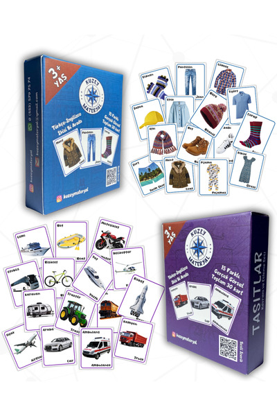 İKİLİ ÜRÜN! Giysiler ve Taşıtlar Kavram & Eşleme Seti (Türkçe & İngilizce) Toplam 60 Kart
