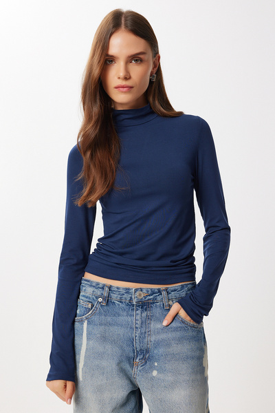 Lovelyİstanbul High Neck Saran Stretchy Knitted Blouse Lub0013 Dark Blue
