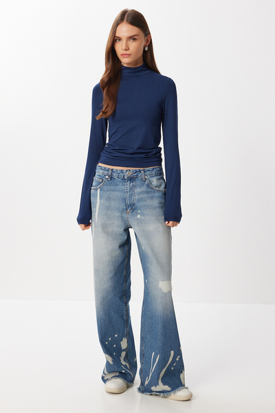 Lovelyİstanbul High Neck Saran Stretchy Knitted Blouse Lub0013 Dark Blue