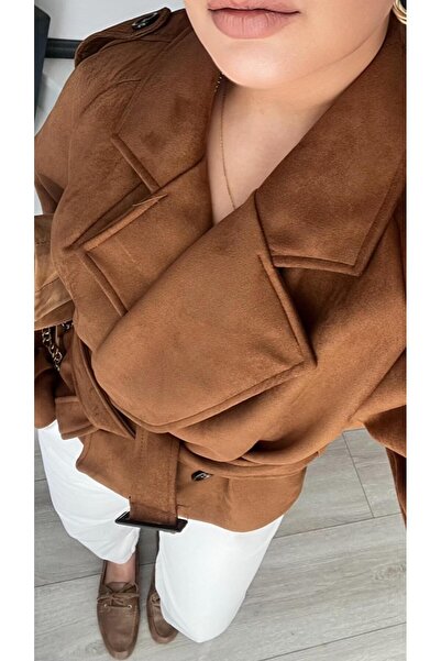 Oslove Taba Süet Omuz Apoletli Kuşaklı Trençkot