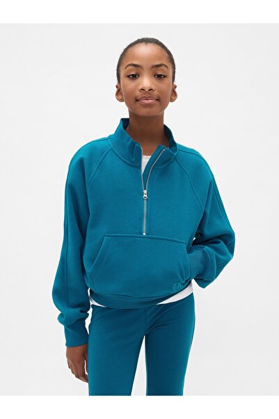 GAP Kız Çocuk Koyu Mavi VintageSoft Logo Yarım Fermuarlı Pullover Sweatshirt