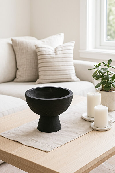 MARIA HOMES Black Wooden Pedestal Bowl – Modern Decorative Serving & Display ...