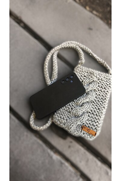By G Tasarım حقيبة هاتف محبوكة من خيوط الصوف باللون الرمادي / حقيبة صغيرة