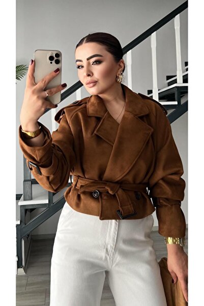 Oslove Taba Süet Omuz Apoletli Kuşaklı Trençkot