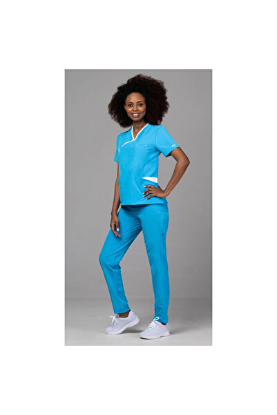 OEM Costum medical premium ONYX pentru femei, culoarea oceanului cu bordură albă