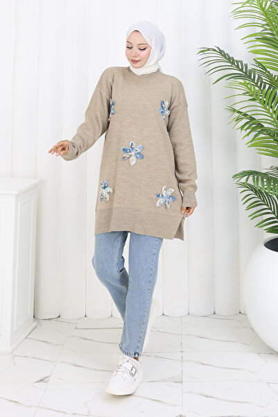 benguen Πλεκτό Τούνικ με λουλούδια S3010 Μπεζ