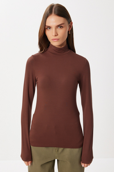 Lovelyİstanbul High Neck Saran Stretchy Knitted Blouse Lub0013 Brown