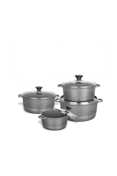 SONEX مجموعة أواني طهي من الألومنيوم غير لاصقة من 8 قطع مع أغطية زجاجية مقسّاة، مطلية بالرخام الرمادي