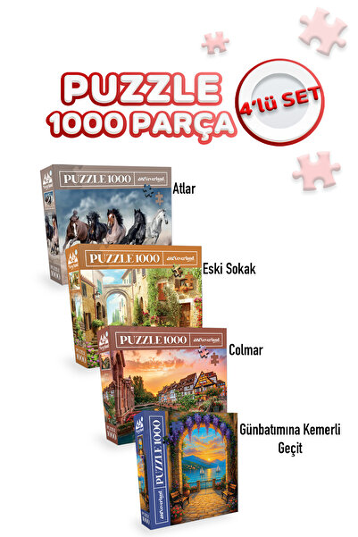 Neverland 4 ADET 1000 PARÇA PUZZLE -ATLAR VE COLMAR VE ESKİ SOKAK VE GÜNBATIMINA KEMERLİ GEÇİT