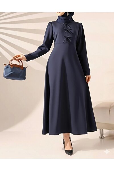 İpli Γυναικείο Φόρεμα Χιτζάμπ Καφέ με Σχέδιο Φιόγκου