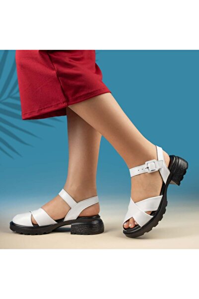 Modlet.ro Women's leather white sandals with strap MOD13630