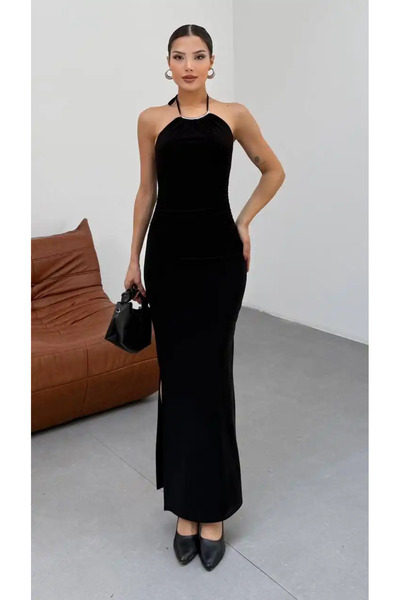 cemo Yaka Ay Aksesuarlı Boyundan Bağlamalı Drapeli Uzun Elbise