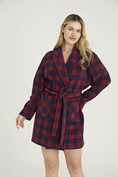 KLY Women's Plaid Patterned Single Robe Stylish Look Plaid Detail