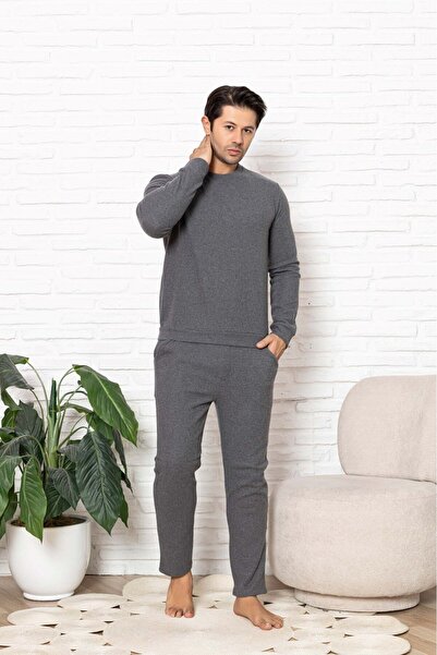 GUAVA+ Men's Grey Crew Neck Buttonless Winter Waffle Cotton Fabric Long Cuffed Sleeve Pajama Set with Pockets