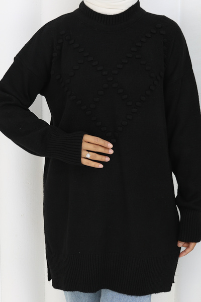 benguen Πλεκτό πουλόβερ με πομπόν S3023 Μαύρο