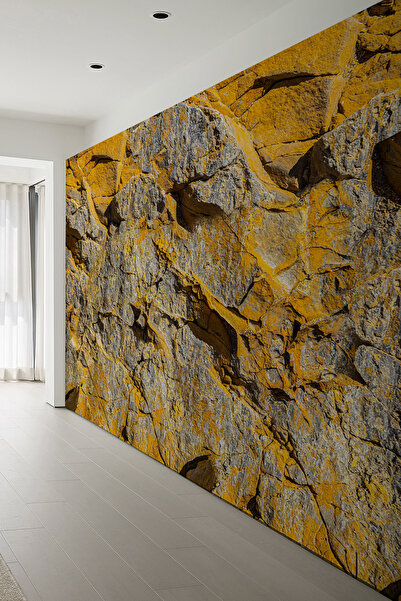 dreamwall Golden Stone Gri Sarı Kırık Doğal Kaya Efektli Tek Parça Tekstil Du...