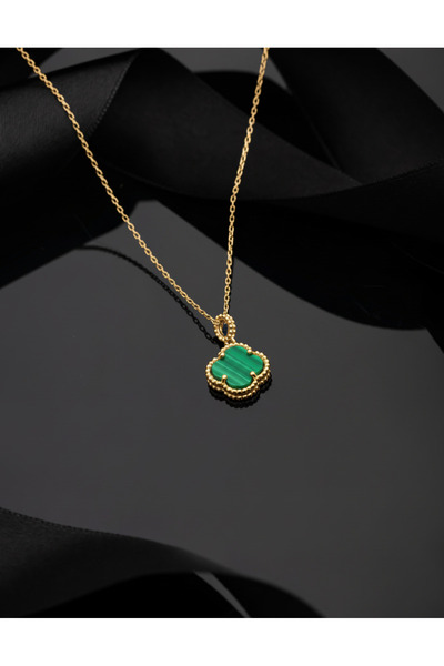 Erdobia 925 Ayar Yeşil Kaplangözü Taşlı Gold Yonca Gümüş Kolye