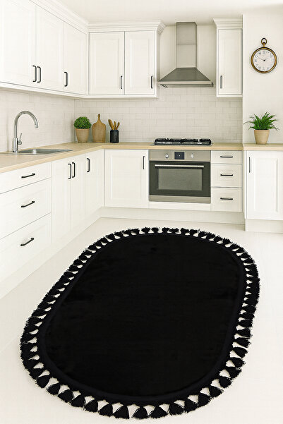 Bestekar Lunasoft Siyah Ponpon Saçaklı Kaymaz Tabanlı Yumuşak Modern Yıkanabi...