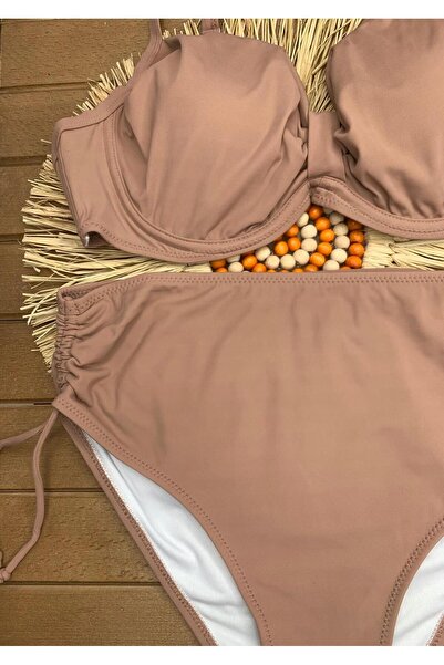 Genel Markalar Kadın Kum Beji Likralı Esnek Şık Rahat Büyük Beden Battal Telli Balenli Yüksek Bel Bikini Takım