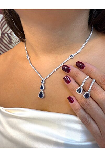 i-k global ticaret Gemma Taşlı Set Su Yolu Kolye Küpe Set Çelik Laboratuvar Pırlantası Abiye Set