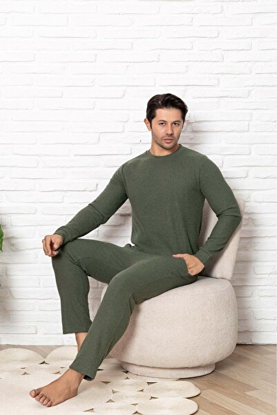 GUAVA+ Ανδρικό σετ πιτζάμες με μακρύ μανίκι με τσέπες, χωρίς κουμπιά, χειμερινό βαμβακερό ύφασμα βάφλα