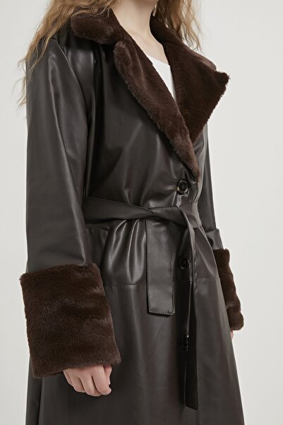 Arma Life Дамско палто с колан, с кожена подплата, в цвят кафе, от изкуствена кожа, с голям размер