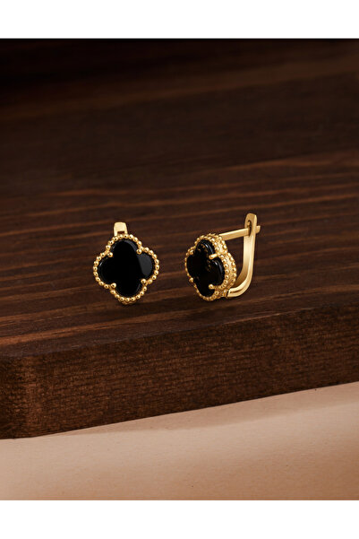 Erdobia 925 Ayar Oniks Taşlı Gold Yonca Gümüş Küpe