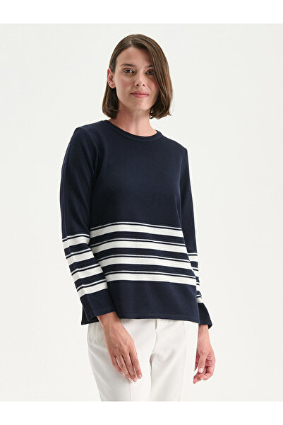 LC Waikiki Mornarsko plavi okrugla kragna Prugasto ženski pleteni džemper