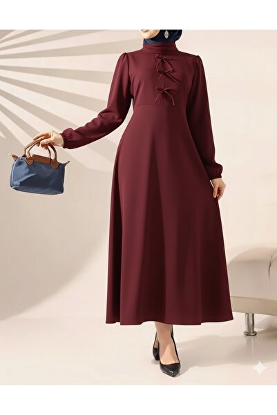 İpli Γυναικείο Φόρεμα Χιτζάμπ Καφέ με Σχέδιο Φιόγκου