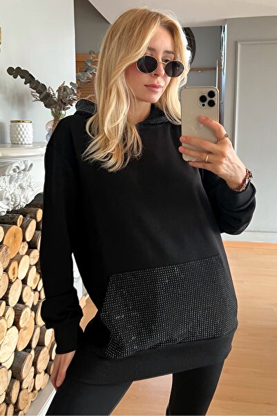 RICH GLAM croială largă supradimensionat cu glugă Hanorac lung pentru femei, negru, cu buzunar cangur, cu cristale, cu trei fire