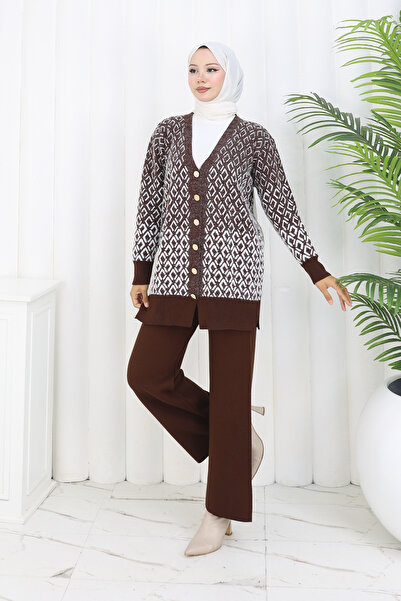 benguen Patterned Knitwear Cardigan Set S1044 Brown