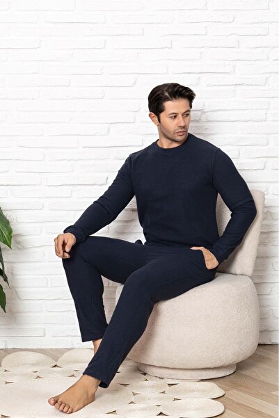 GUAVA+ Ανδρικό σετ πιτζάμες με μακρύ μανίκι με μανσέτες από βαμβακερό ύφασμα χειμερινής βάφλας χωρίς κουμπιά με τσέπες