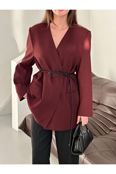 BOUQUET OF TULİP V Yaka Çift Cepli Gizli Düğmeli Arkadan Yırtmaçlı Kuşaklı Blazer Ceket