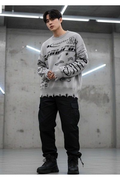 Touz Moda Harajuku Space Oversize Gray Knit Sweater